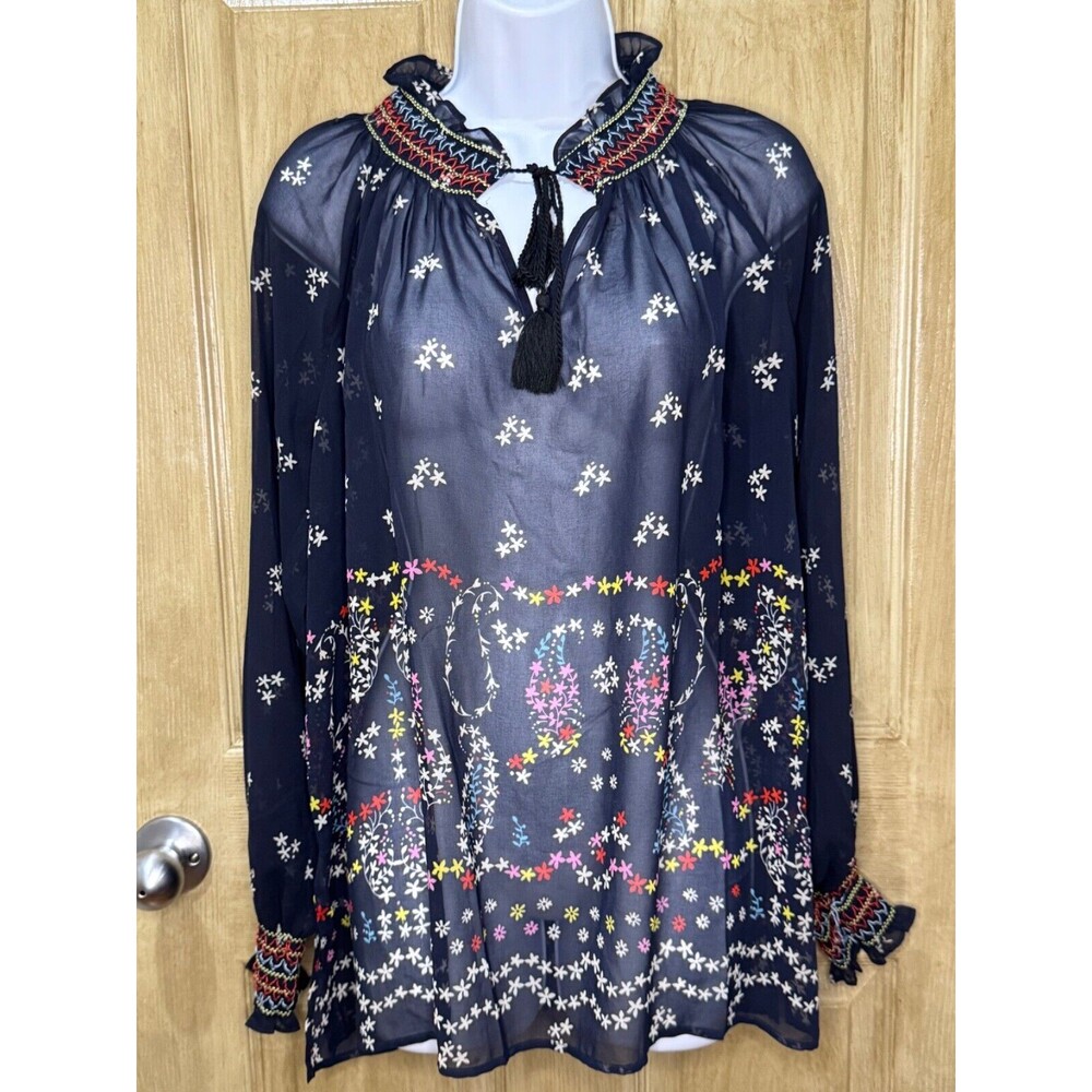 CAbi #5784 Enjoy Blouse Lmt Ed $129 Navy Sheer Floral Paisley Tassle Medium